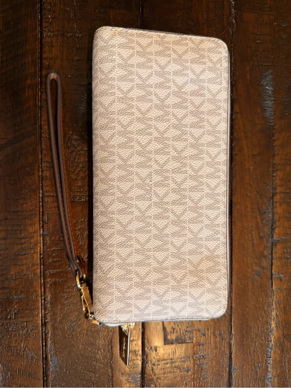 Michael Kors Cream Logo Zip-Around Wristlet with Tan Strap
